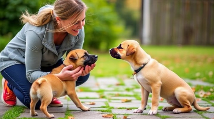 Trainer helping dogs interact