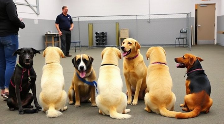 Dogs learning calm behavior in a group training class