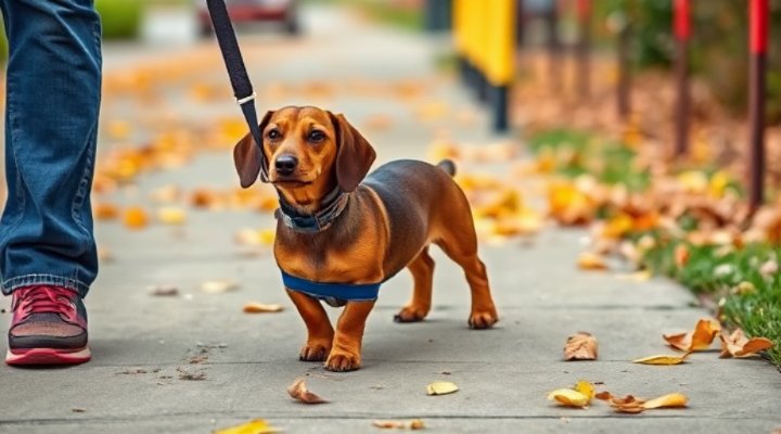 Small dog walking without pulling on leash in urban setting