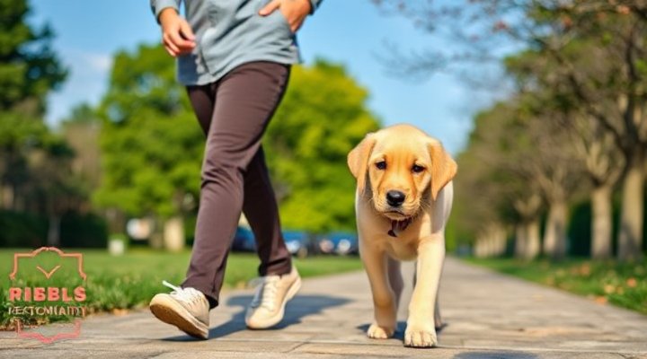 A well-trained puppy walking calmly beside its owner