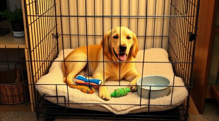 Properly set up dog crate with bedding, toys and water bowl