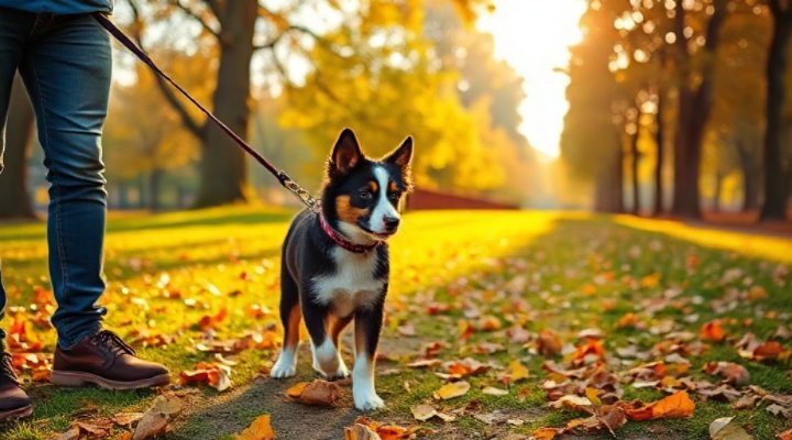 A well-trained puppy walking calmly beside its owner on a leash in the park