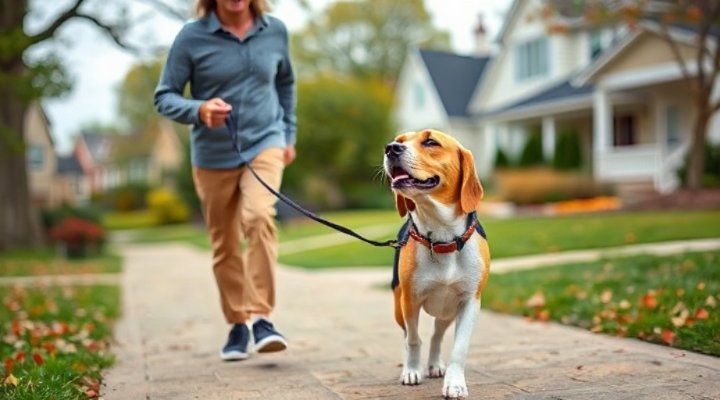 A dog walking calmly beside its owner on a loose leash