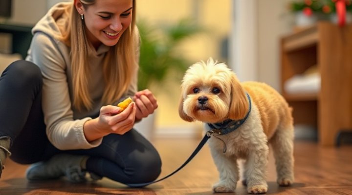 A trainer using treats to encourage a dog to walk on a leash