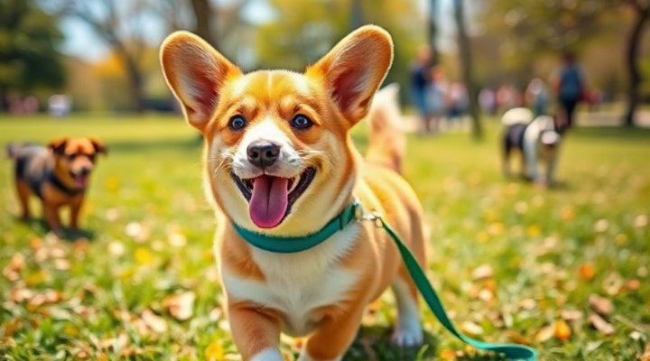 Joyful corgi puppy walking confidently on a leash
