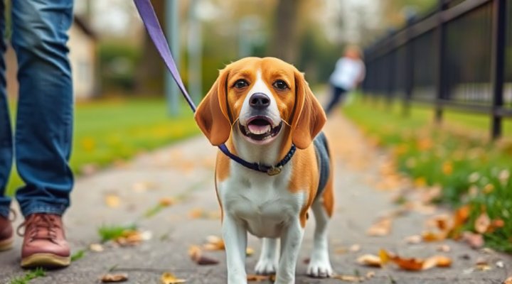 An adult dog on a leash being taken outside for potty training