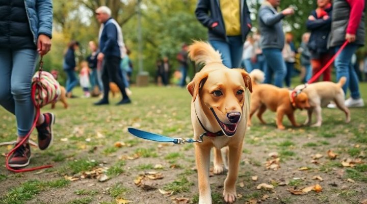 A confident dog walking calmly in a busy park with many people and other dogs