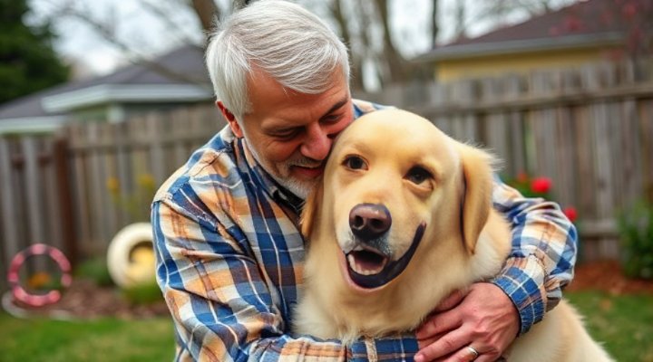 An owner bonding with their older dog during a training break