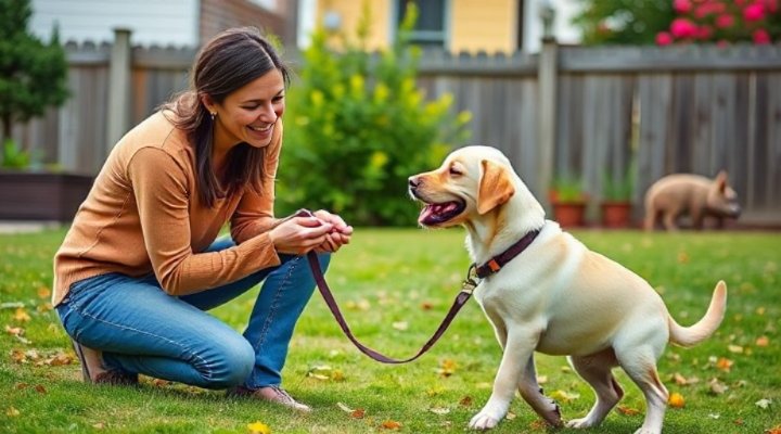 Owner teaching dog to walk on leash in backyard