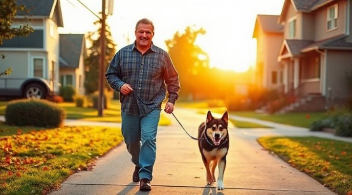 A man walking his well-behaved dog on a leash in the neighborhood