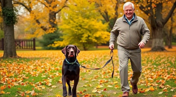 An older Labrador walking calmly on leash during a training session in the park