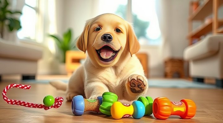 Adorable puppy playing with chew toys to prevent biting