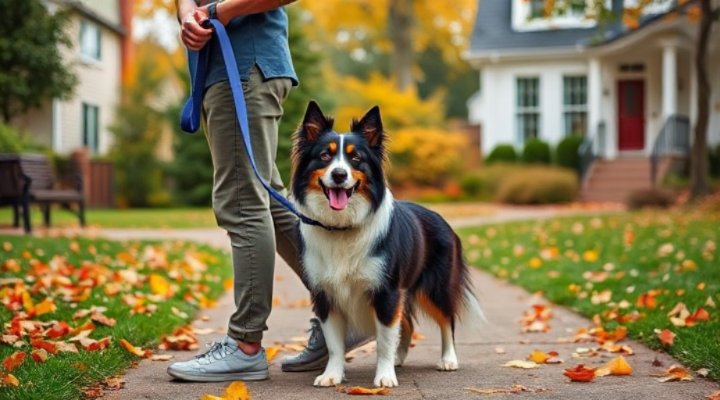 A well-trained dog walking calmly beside its owner