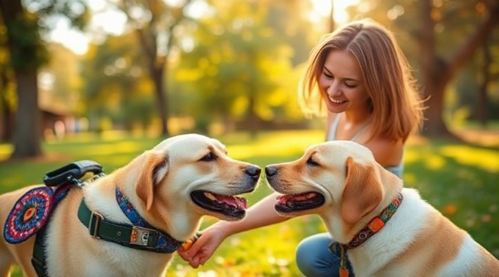 A friendly Labrador greeting a smiling woman in a park