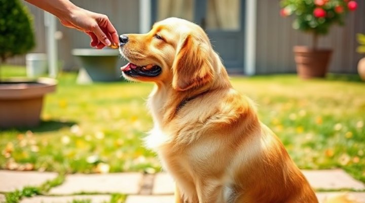 A happy dog receiving a treat for successfully staying in place