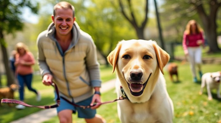 A dog wearing a gentle leader, walking calmly beside its owner