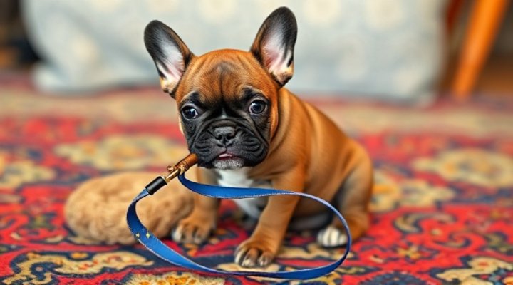 A playful puppy interacting with its leash