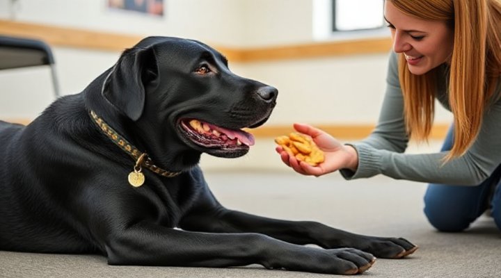 A gentle training session with an older Labrador using positive reinforcement