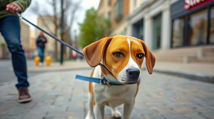 A dog pulling on its leash during a walk