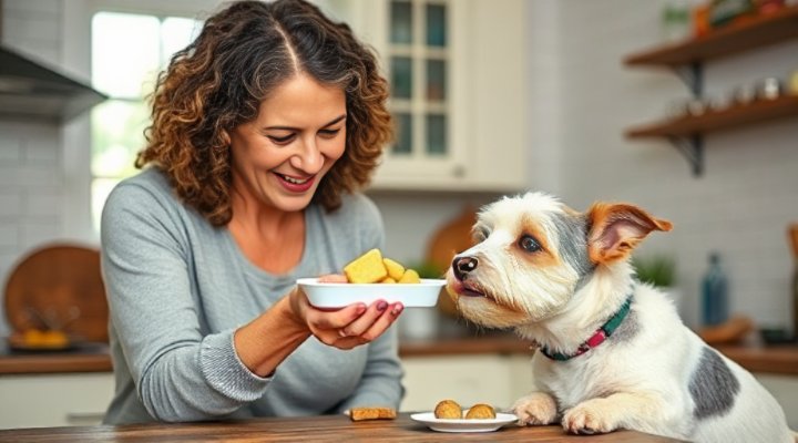 A woman giving a treat to her senior terrier mix after successful training