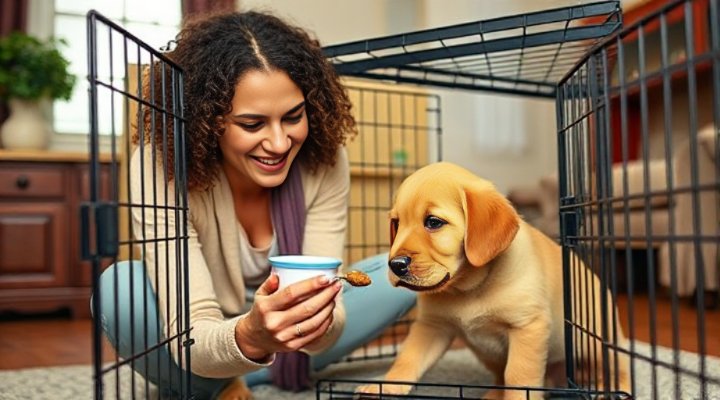Gentle introduction of a puppy to a dog crate using treats