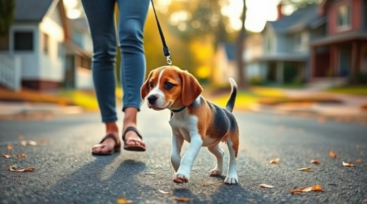 A small puppy taking its first steps on a leash with encouragement