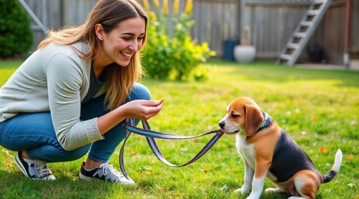 Owner rewarding puppy with treat during leash training