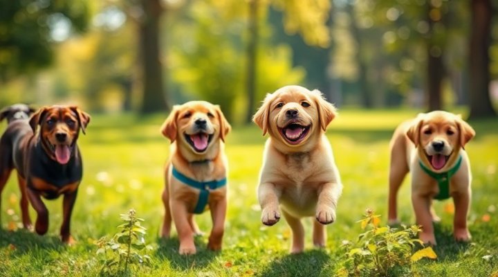 A golden retriever puppy playing happily with other dogs in a park