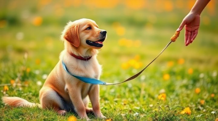 Cute golden retriever sitting and learning the stay command