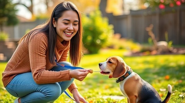 A woman rewarding a small puppy with a treat during leash training in a backyard