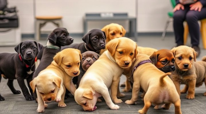Puppies learning bite inhibition in a socialization class