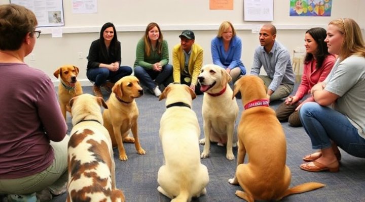 A group of dogs and owners participating in a socialization class
