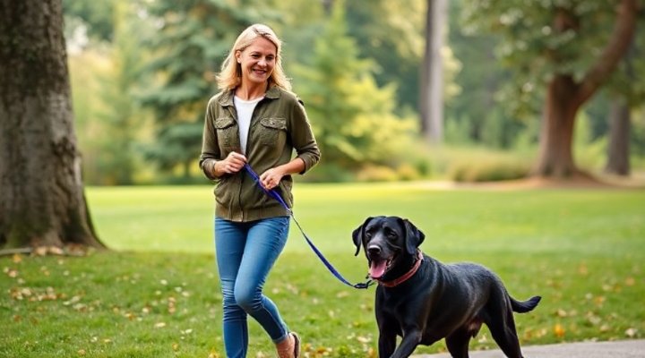 Owner demonstrating correct leash walking position with a well-behaved Labrador