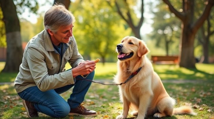 An older dog sitting patiently with a trainer during a training session