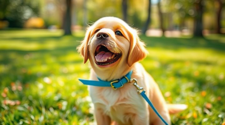 A cute golden retriever puppy wearing a blue leash and looking excited