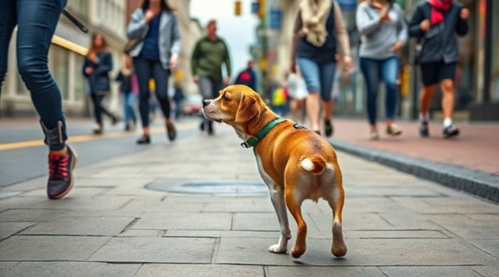 Dog staying calmly during a walk in a busy street