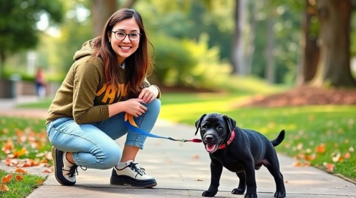 A young woman kneeling down and gently holding a leash attached to a small black puppy