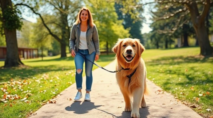 Dog walking calmly on leash with owner in park