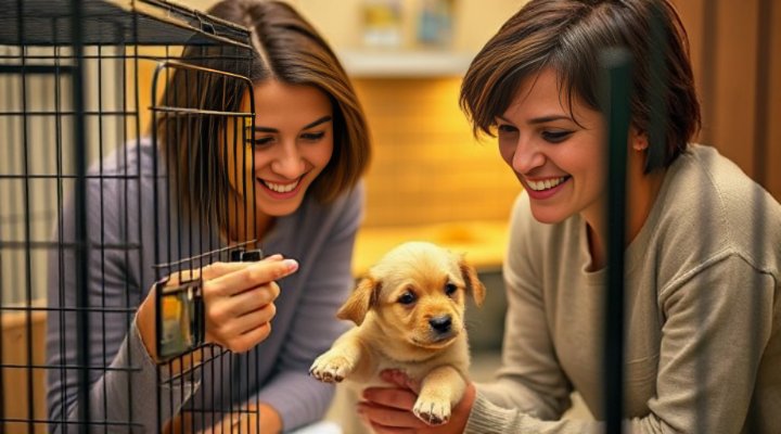 Kind owner introducing a small puppy to a crate with treats