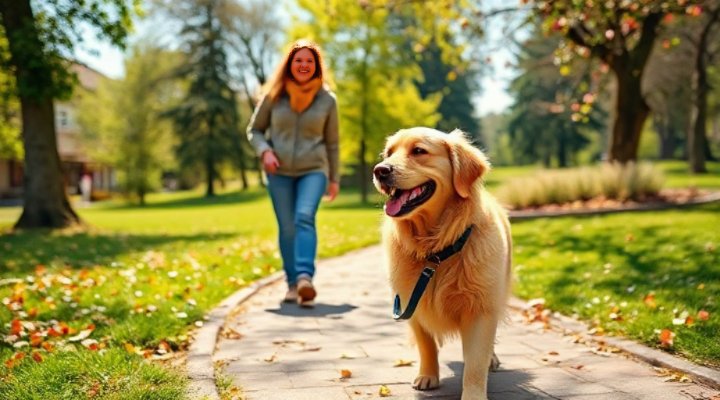A golden retriever happily walking on a leash with its owner
