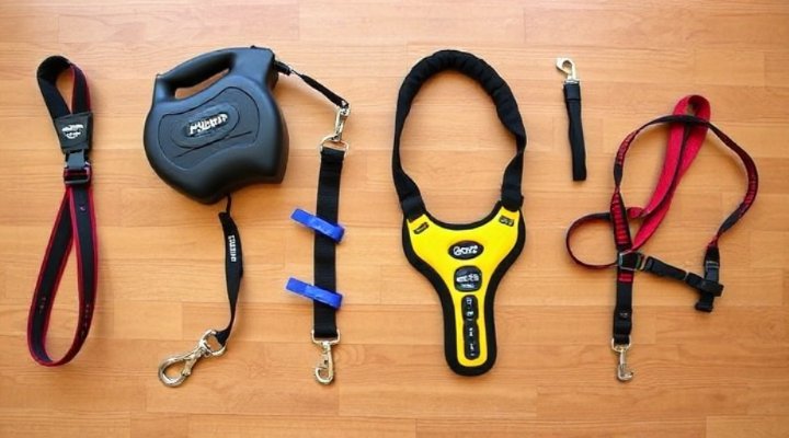 Different types of dog leashes and harnesses