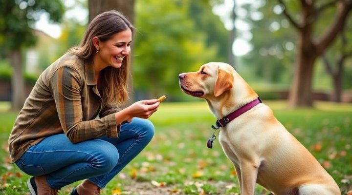 A loving owner rewarding their adult dog with a treat during training