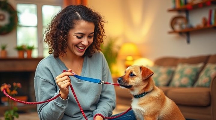A kind woman holding a leash and smiling at her puppy