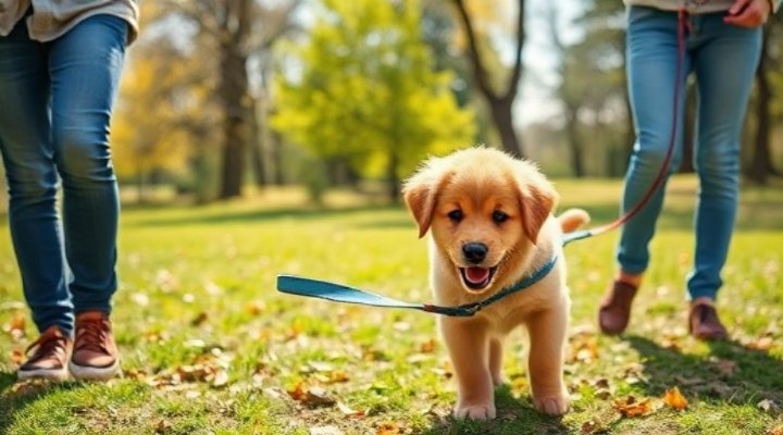 A golden retriever pulling on its leash during a walk in the park