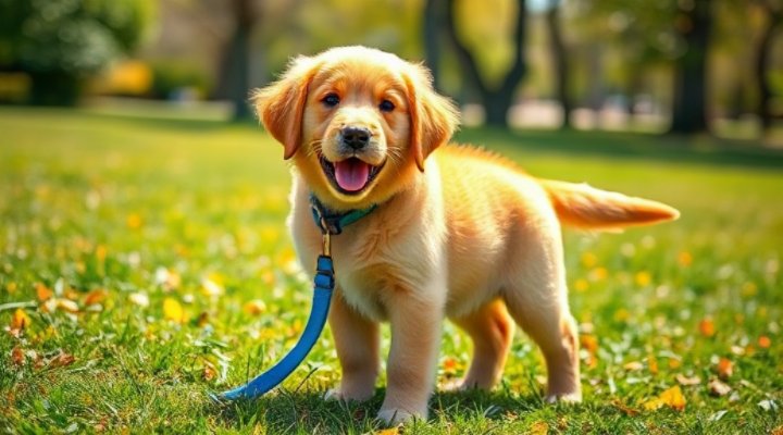 A cute golden retriever puppy wearing a blue leash, looking curious and excited