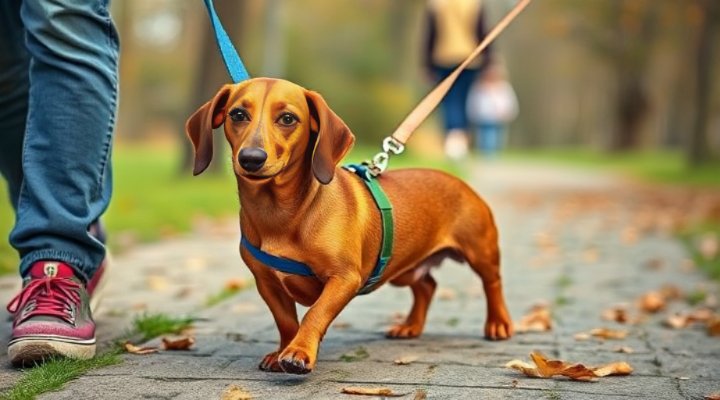 Small dog pulling on leash during walk