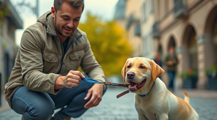 A man gently correcting a puppy that