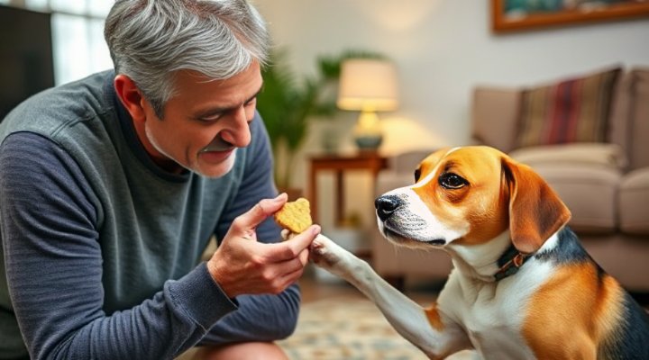 A man patiently teaching an older beagle to shake hands using positive reinforcement
