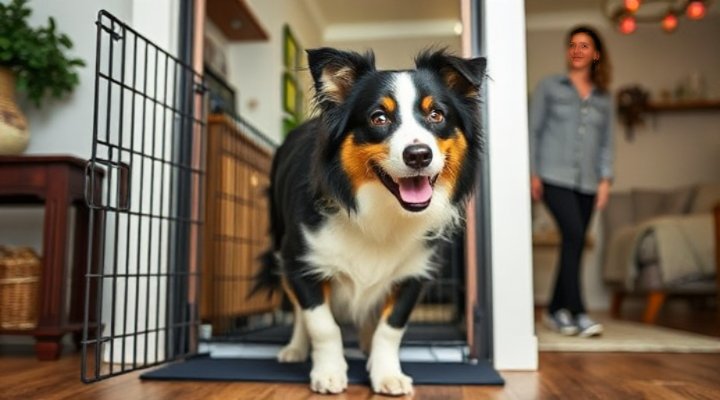 Well-trained dog entering crate willingly on owner