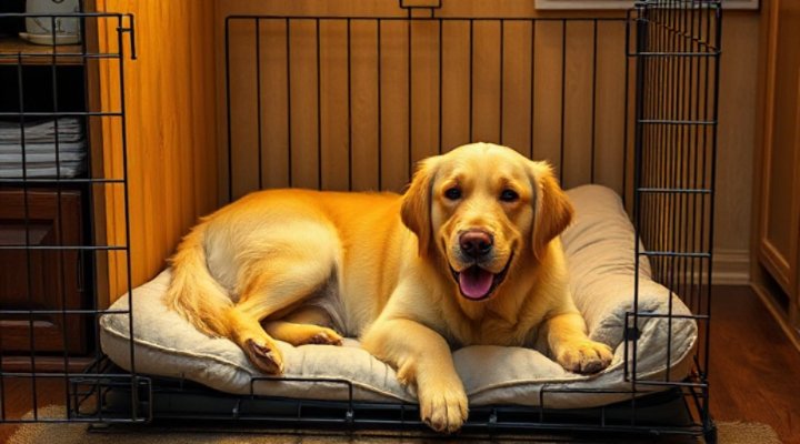 Golden retriever comfortably resting in a dog crate